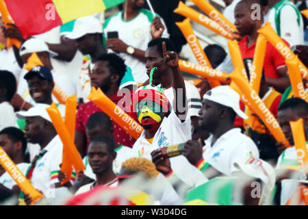 Kairo. 14. Juli, 2019. Der senegalesischen Fans jubeln für das Team vor dem Halbfinale zwischen Senegal und Tunesien 2019 Afrika Cup der Nationen in Kairo, Ägypten am 14. Juli 2019. Senegal gewann 1:0 und der endgültigen erweitert. Credit: Ahmed Gomaa/Xinhua/Alamy leben Nachrichten Stockfoto