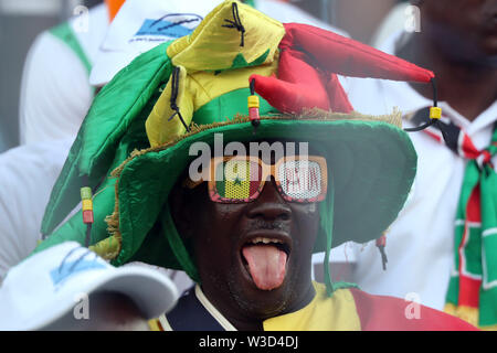 Kairo. 14. Juli, 2019. Der senegalesischen Ventilator Beifall für das Team vor dem Halbfinale zwischen Senegal und Tunesien 2019 Afrika Cup der Nationen in Kairo, Ägypten am 14. Juli 2019. Senegal gewann 1:0 und der endgültigen erweitert. Credit: Ahmed Gomaa/Xinhua/Alamy leben Nachrichten Stockfoto