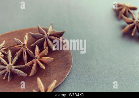 Trockene Sternanis auf einem braunen Holzspachtel. Natürliche Lebensmittel Gewürze und Würzmittel. Lecker essen. Close-up. Stockfoto