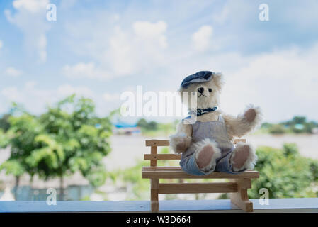 Vibrant outdoor Foto der Teddybär auf dem Hof an der Park mit dem weißen Blume und grüne Gräser Stockfoto