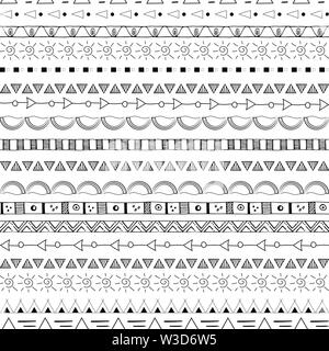 Hand tribal nahtlose Muster schwarz auf weißem Hintergrund dargestellt. Stock Vektor