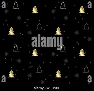 Schwarz nahtlose Muster mit goldenen Weihnachtsbäumen Stock Vektor