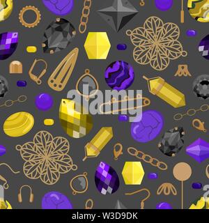 Eine nahtlose Muster mit Perlen, Werkzeuge, Schmuck, Cabochons, Glitzersteinchen. Der dunkle Hintergrund. Flache vektor Cartoon Illustration Stock Vektor