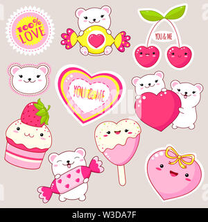 Satz von Valentine's Day Party cute Icons in kawaii Stil. Polar Bär mit Herz, Süßigkeiten, Kuchen mit Erdbeeren, herzförmige Eis, Aufkleber mit i Stockfoto