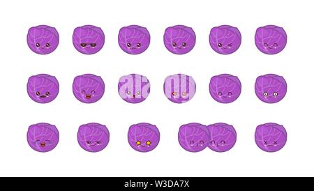 Rotkohl niedlich kawaii Maskottchen. Kawaii essen Set Gesichter Ausdrücke Emoticons Lächeln. Stock Vektor
