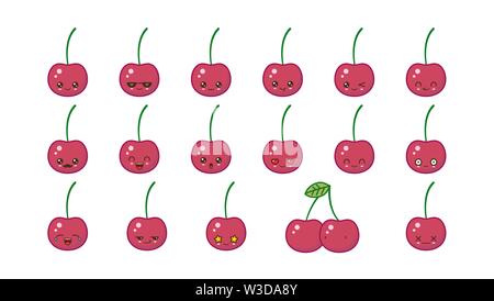 Cherry niedlich kawaii Maskottchen. Kawaii essen Set Gesichter Ausdrücke Emoticons Lächeln. Stock Vektor