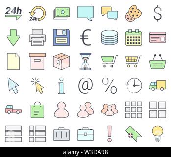 E-commerce einfache Thin Icon Set, Abfüllung in Pastellfarben, isoliert auf weißem Hintergrund Stock Vektor
