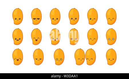 Mango niedlich kawaii Maskottchen. Kawaii essen Set Gesichter Ausdrücke Emoticons Lächeln. Stock Vektor
