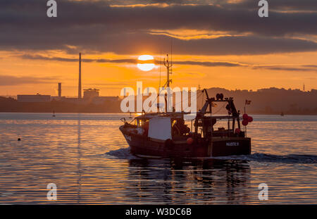 Aghada, Cork, Irland. Am 15. Juli 2019. Trawler Majestic IV vorbei am Kraftwerk in Aghada, wie sie die Staats- und Regierungschefs zu den Fanggründen bei Sonnenaufgang nach Verlassen Crosshaven, Co Cork, Irland. Quelle: David Creedon/Alamy leben Nachrichten Stockfoto