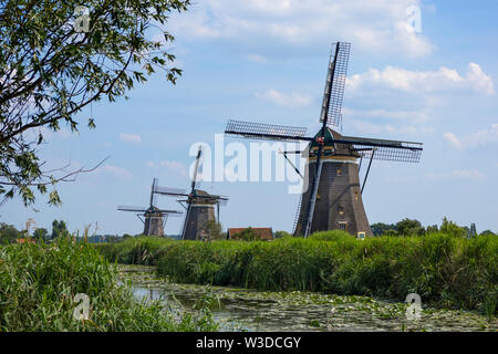 Leidschendam, Niederlande - 24 Juni 2019: Molendriegang, drei Windmühlen, in der Gegend von Leidschendam Stockfoto