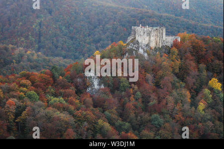 Slowakei - die Ruine der Burg Uhrovec in Nizza auumn sunset Landschaft Stockfoto