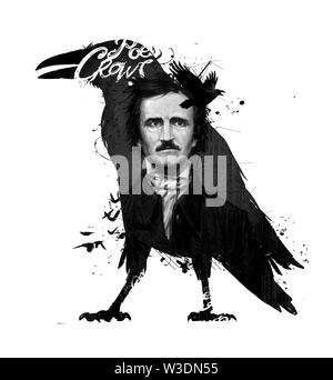 Edgar Allan Poe, Zeichnung auf isolierten weißen Hintergrund für Print und Web. Schwarze und weiße Zusammensetzung und Kalligraphie für den Innenraum. Malerei graffi Stockfoto