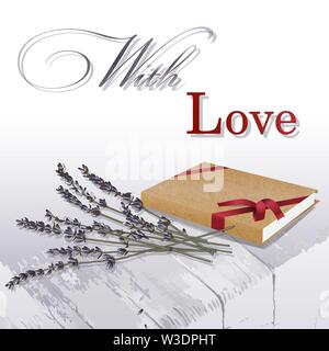 Vektor Grußkarte mit Lavendel Blumenstrauß auf dem Tisch und Worte mit Liebe Stock Vektor