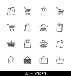 Einkaufstaschen, Pakets Icons Set - schwarzes Symbol auf weißem Hintergrund. Einkaufstaschen, Paket einfache Illustration Symbol gesäumten Einfachheit Zeichen Stock Vektor