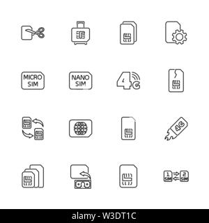 Sim-Karten, 5G, 6G Umrisse Icons Set - schwarzes Symbol auf weißem Hintergrund. Sim-Karten, 5G, 6G einfache Illustration Symbol gesäumten Einfachheit unterzeichnen. Flache Vec Stock Vektor