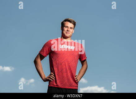 Dresden, Deutschland. 04. Juli, 2019. Sprinter Frieder Scheuschner (Dresdner SC), steht in der Heinz Steyer Stadion. Credit: Robert Michael/dpa-Zentralbild/dpa/Alamy leben Nachrichten Stockfoto