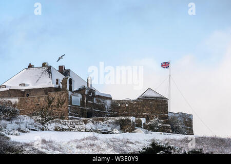 Star Castle, die St. Mary's, Isles of Scilly, UK, unter einer seltenen Schnee Stockfoto