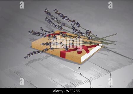 Vector Illustration eines Lavendel Bouquet und einem Buch auf einer hölzernen Tisch Stock Vektor