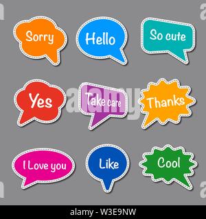 Reihe von Blasen Rede mit kurzen, Text mit gestrichelte Linie Vektor, bunte Aufkleber chat Stock Vektor