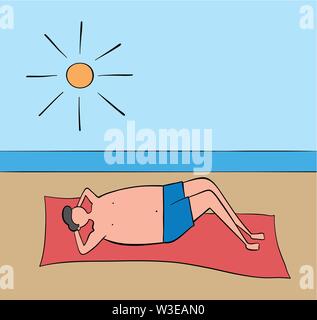 Man unten am Strand liegend, Hand-Vector Illustration gezeichnet. Schwarzen umrissen, farbig. Stock Vektor