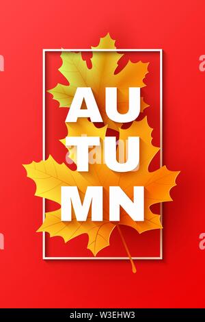 Herbst Web Banner mit Ahorn Blätter auf roten Hintergrund. Saisonale Banner für Ihre Konstruktion. Text in Rahmen. Vector Illustration. EPS 10. Stock Vektor