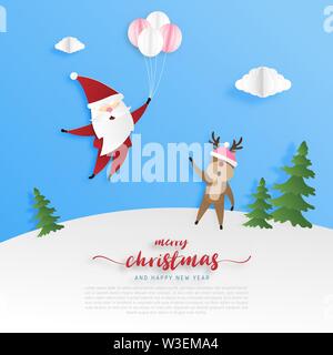 Frohe Weihnachten und guten Rutsch ins neue Jahr Grußkarte in Papier schneiden Stil. Vector Illustration Weihnachtsfeier Hintergrund mit Santa Claus und reindee Stock Vektor
