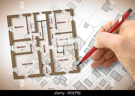 Architekt Zeichnung ein Wohngebäude über einen imaginären Kataster-karte des Territoriums mit Gebäuden, Felder und Straßen Stockfoto