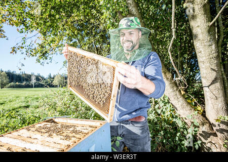 Portrait der männlichen beekeper mit bienenkorb Stockfoto