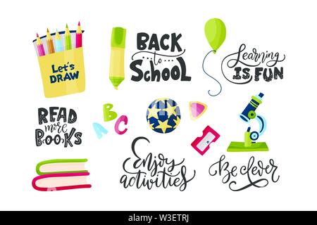 Schule Schreibwaren und Schriftzug Vektor einrichten. Stock Vektor