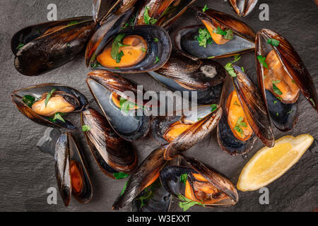 Marinara Muscheln, Moules Mariniere, mit Zitronenscheiben, Overhead, Nahaufnahme, Schuß von der Oberseite auf schwarzem Hintergrund Stockfoto