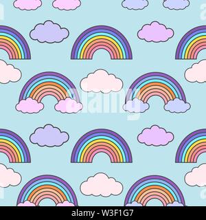 Regenbögen in den Himmel Vektor-illustration nahtlose Muster mit Wolken und Cartoon Regenbögen auf hellblauem Hintergrund Stock Vektor