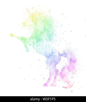 Aquarell Einhorn silhouette Malerei mit splash Textur auf weißem Hintergrund. Magische Kreatur Abbildung in Regenbogenfarben niedlich. Stockfoto