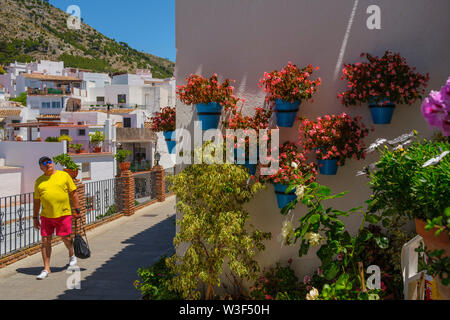 Typische Straße mit Blumen, weißen Dorf Mijas. Provinz Malaga an der Costa del Sol. Andalusien, Süd Spanien Europa Stockfoto