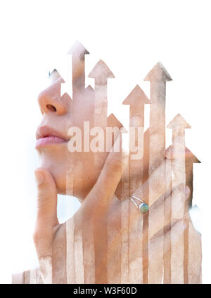 Paintography. Double Exposure Profil Portrait verschwinden hinter Pfeile nach oben Stockfoto