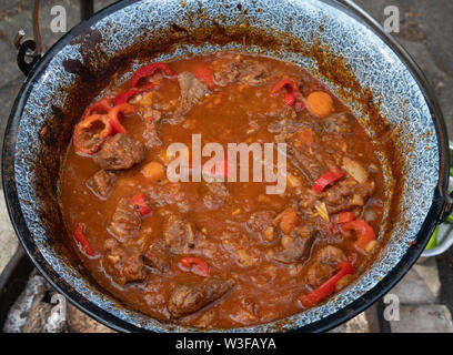 Bereit Kesselgulasch nach vier Stunden Kochen über offenem Feuer. Mit Tomaten, Rindfleisch, Zwiebeln, Knoblauch, Sellerie und Karotten. Stockfoto