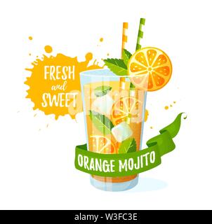 Orange Mojito - Vektorgrafik. Modernes Banner mit Glas, Band und Saft Spritzer isoliert auf weißem Hintergrund. Frischer und süßer Sommerdrink. Stock Vektor