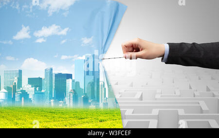 Hand Herausziehen des Papiers Vorhang, wechselnde Szene Konzept Stockfoto