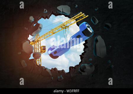 3D-Rendering von Hebekran mit Blau mini segway, der durch schwarze Wand mit blauem Himmel durch gesehen. Stockfoto