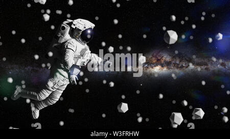 Astronauten fliegen zwischen Ikosaeder (3D-Rendering) Stockfoto