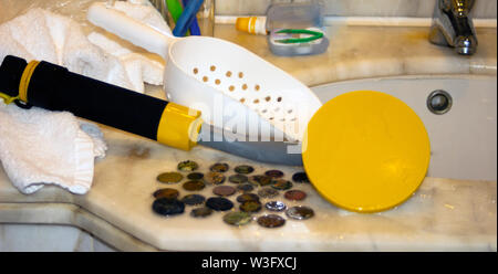 Das Foto von Gold- und Silbermünzen mit Hilfe von Unterwasser Metalldetektor gesammelt. Schatz suchen und touristische Abenteuer Hintergrund. Stockfoto