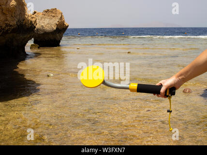 Das Foto von Gold- und Silbermünzen mit Hilfe von Unterwasser Metalldetektor gesammelt. Schatz suchen und touristische Abenteuer Hintergrund. Stockfoto