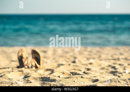 Sommer Hintergrund mit Flip-flops an einem Sandstrand mit Blick auf Meer und Himmel im Hintergrund Stockfoto