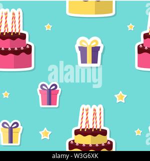 Happy Birthday nahtlose Muster Hintergrund mit Kuchen und Geschenkverpackung. Vector Illustration Stock Vektor