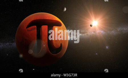 Symbol für Pi und Planet Mars, mathematische Konstante im Weltraum (surreal 3d-Abbildung) Stockfoto