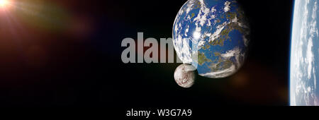 Erde wie Alien Mond und anderen natürlichen Satelliten eine super-Erde (3d-Wissenschaft Abbildung banner umkreisen) Stockfoto