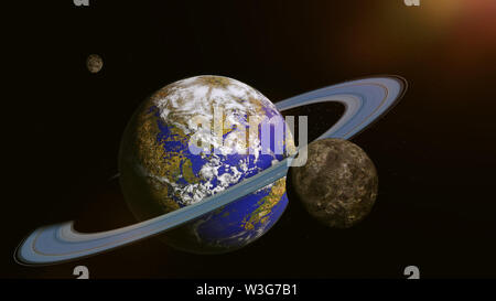 Erde wie Alien Planeten mit der Ringe und Monde beleuchtet nach einer fernen Sonne (3 d Wissenschaft Abbildung) Stockfoto