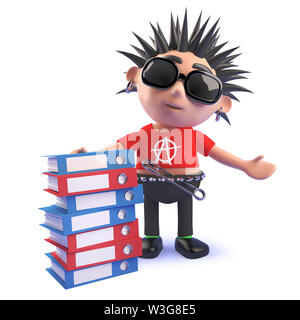 Das gerenderte Bild von einem Cartoon Teufelskreis Punk Rocker steht neben einem Stapel von Ordnern, 3D-Darstellung Stockfoto