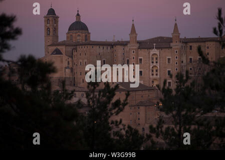 Urbino, Palazzo Ducale, Palazzo Ducale in der Dämmerung, Urbino, Marken, Italien Stockfoto