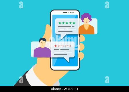 Hand hält Smartphone mit Feedback App Sprechblasen und männliche weibliche Avatare auf dem Bildschirm. Bewertung 5 Sterne mit gutem und schlechtem Preis. Vektor Qualität Illustration Konzept Stock Vektor