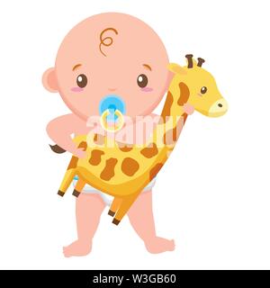 Junge mit Giraffe toy auf weißem Hintergrund baby dusche Stock Vektor